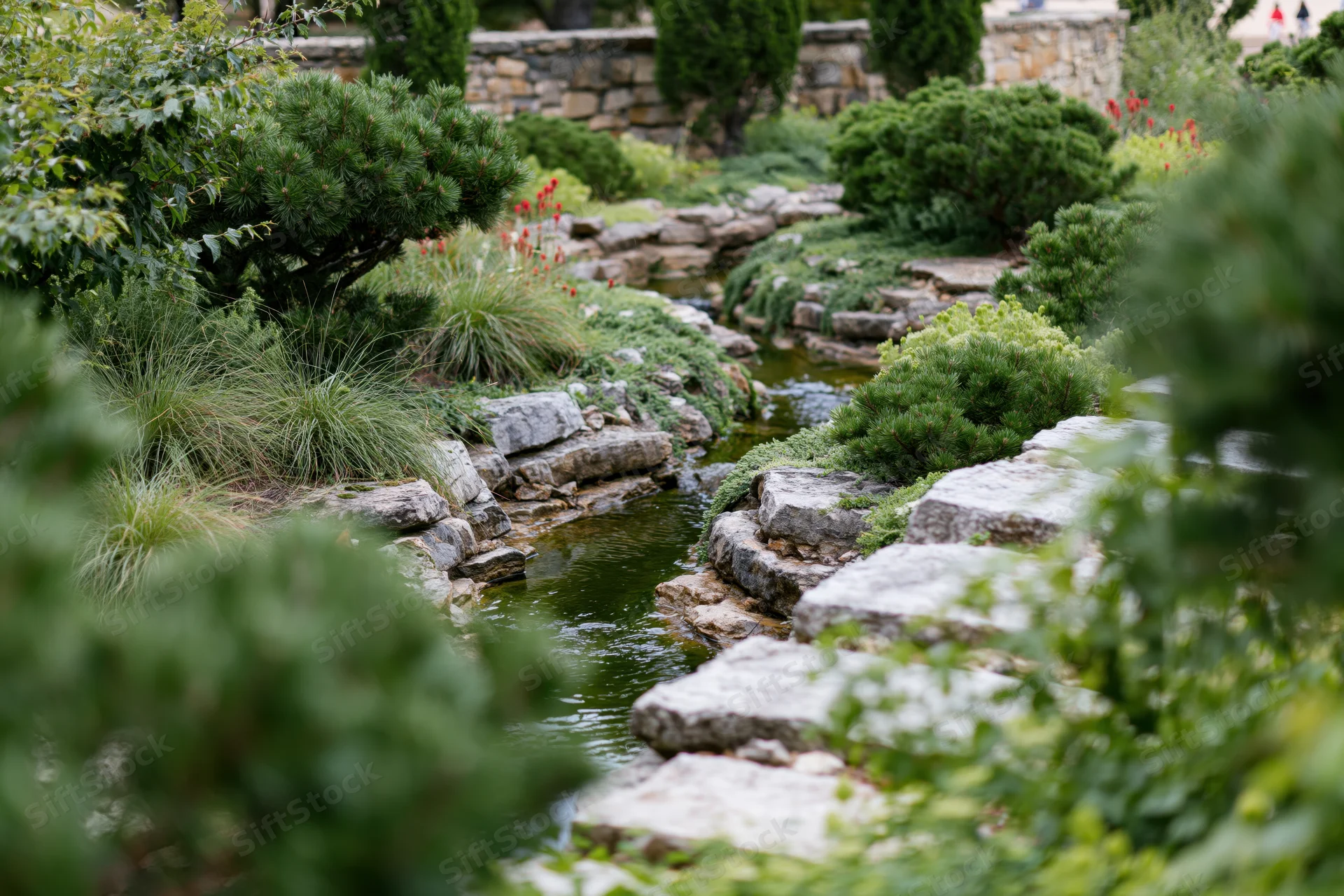 A landscaped garden with a winding natural stone stream surrounded by green shrubs and trees