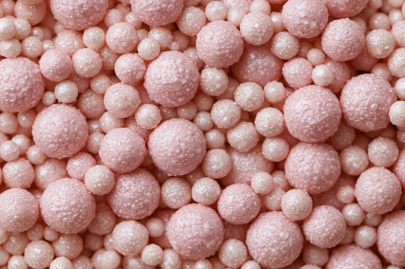 A pile of small pearlescent pink beads filling the frame in a close-up view