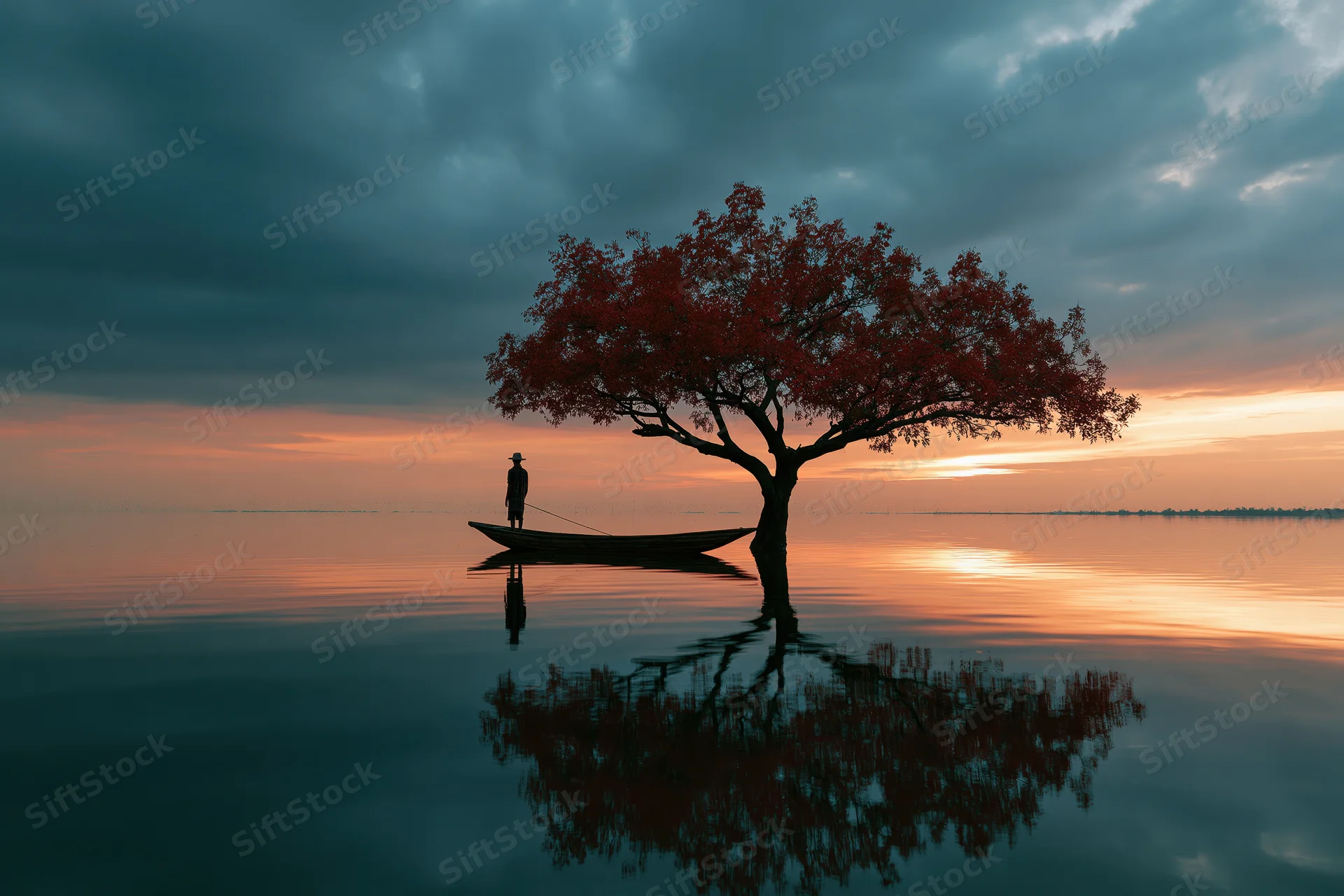 Fisherman standing in a small wooden boat beside a red-leafed tree in calm water at sunset