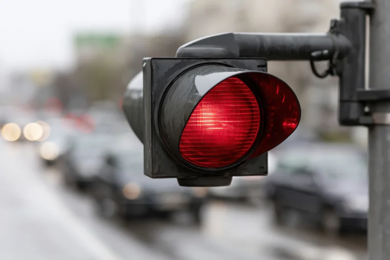 Red traffic light illuminated on a metal arm above a city street with blurred vehicles in the background