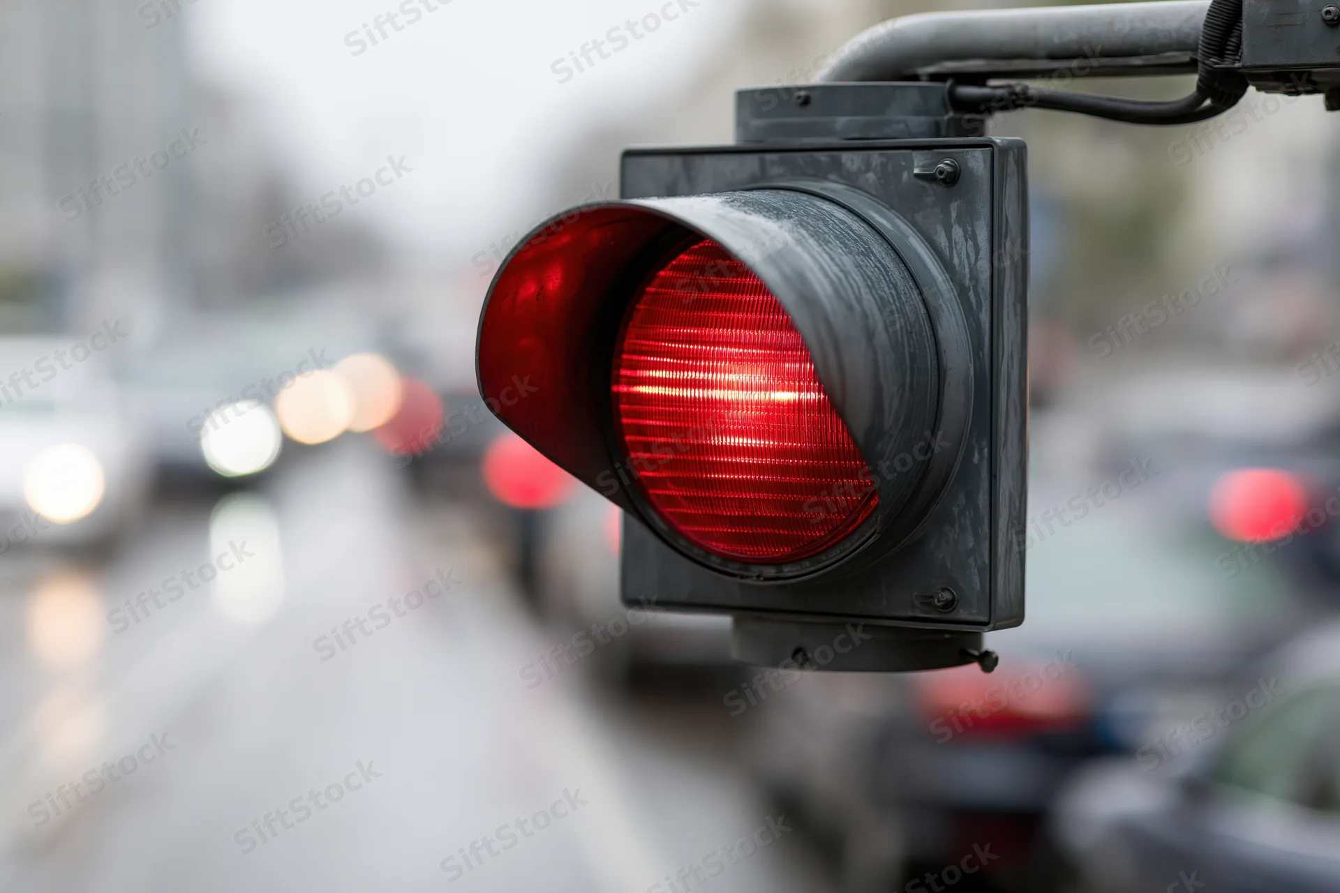 Red traffic light illuminated on a metal arm over a wet city street with blurred vehicles in the background