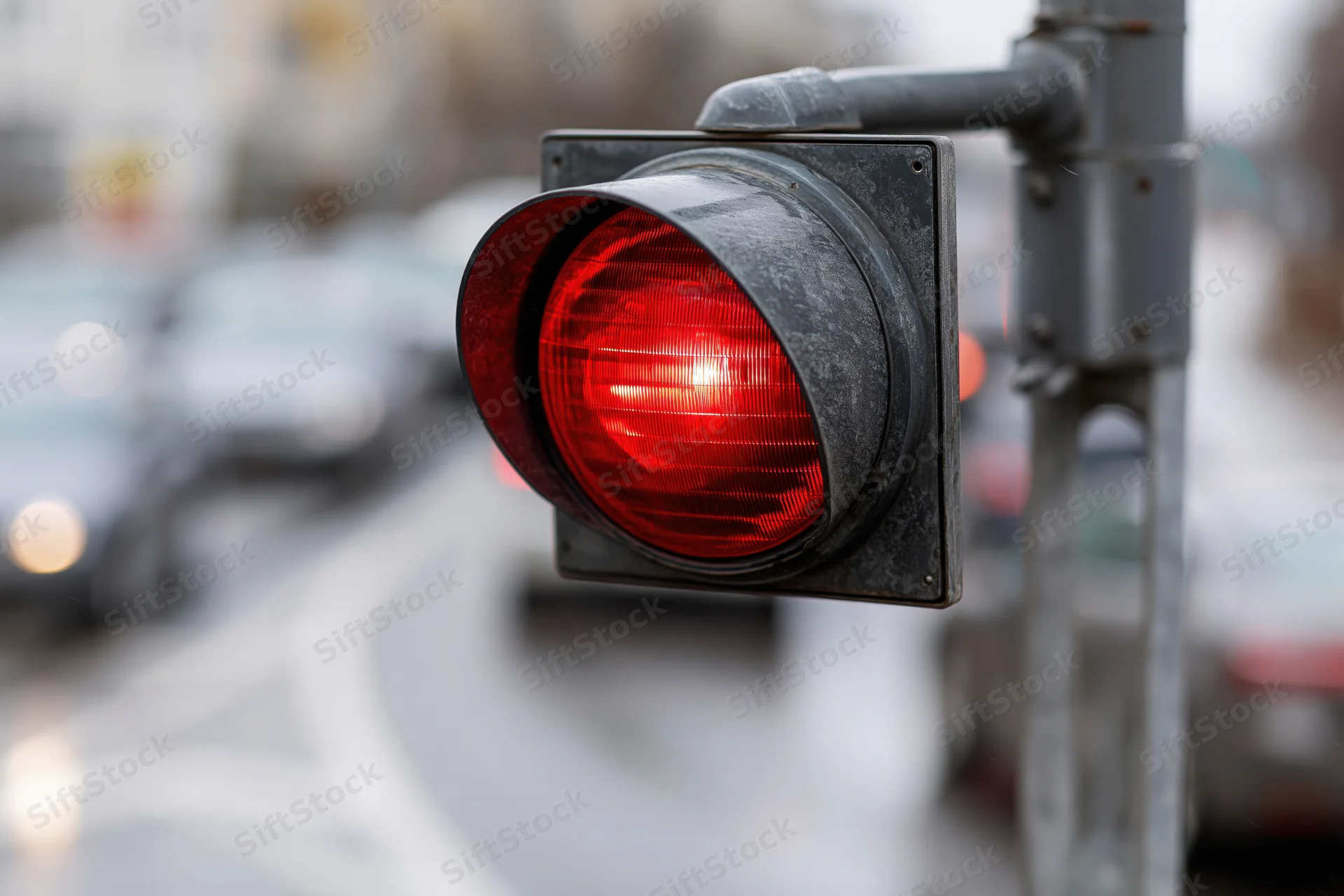 Red traffic light illuminated on a metal arm above a city street with blurred vehicles in motion