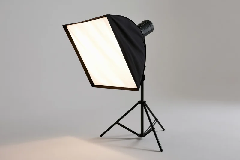 Softbox light on black metal stand emitting bright diffused light in studio setting