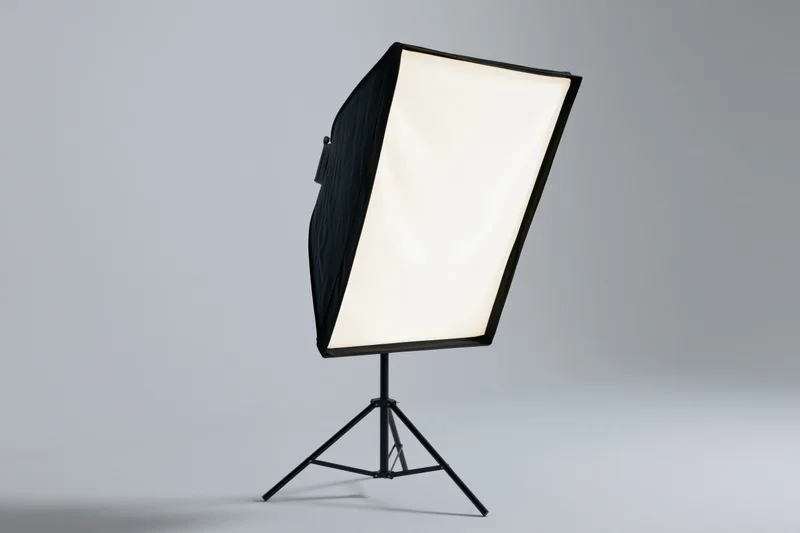 Rectangular softbox light on black metal tripod stand against plain gray background