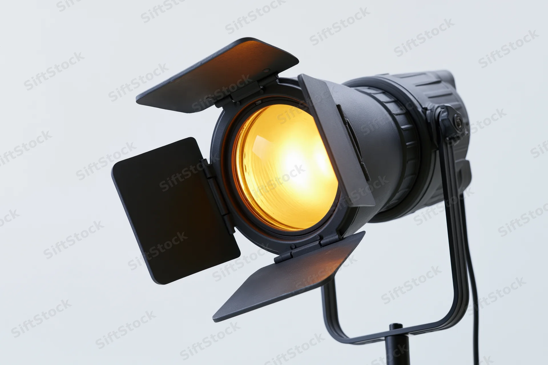 Professional studio strobe light with barn doors open on a stand, emitting warm yellow glow