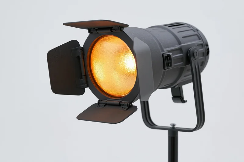Professional studio strobe light with barn doors open on a stand, emitting warm orange glow against white background