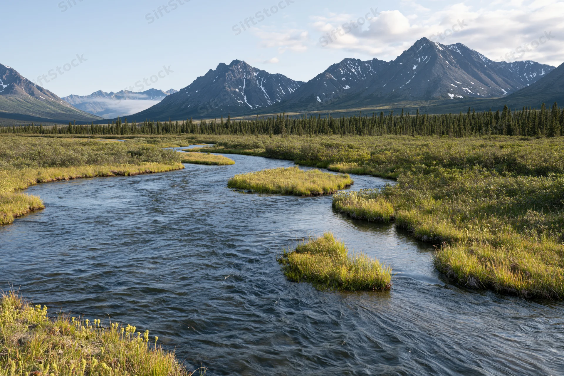 Braided river winding through subarctic valley with snow-capped mountains and forested tundra