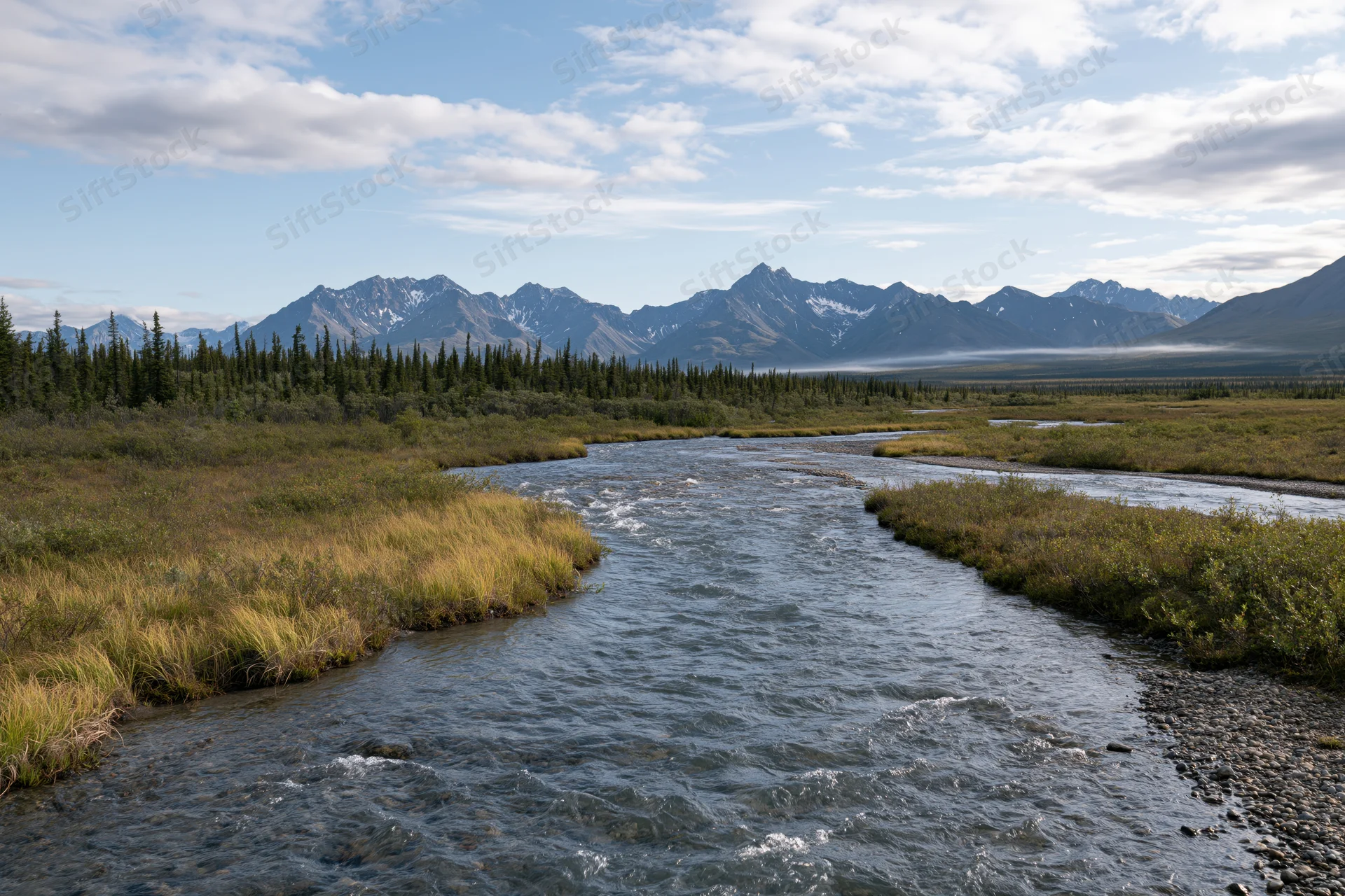 Braided river winding through subarctic valley with alpine mountains in background