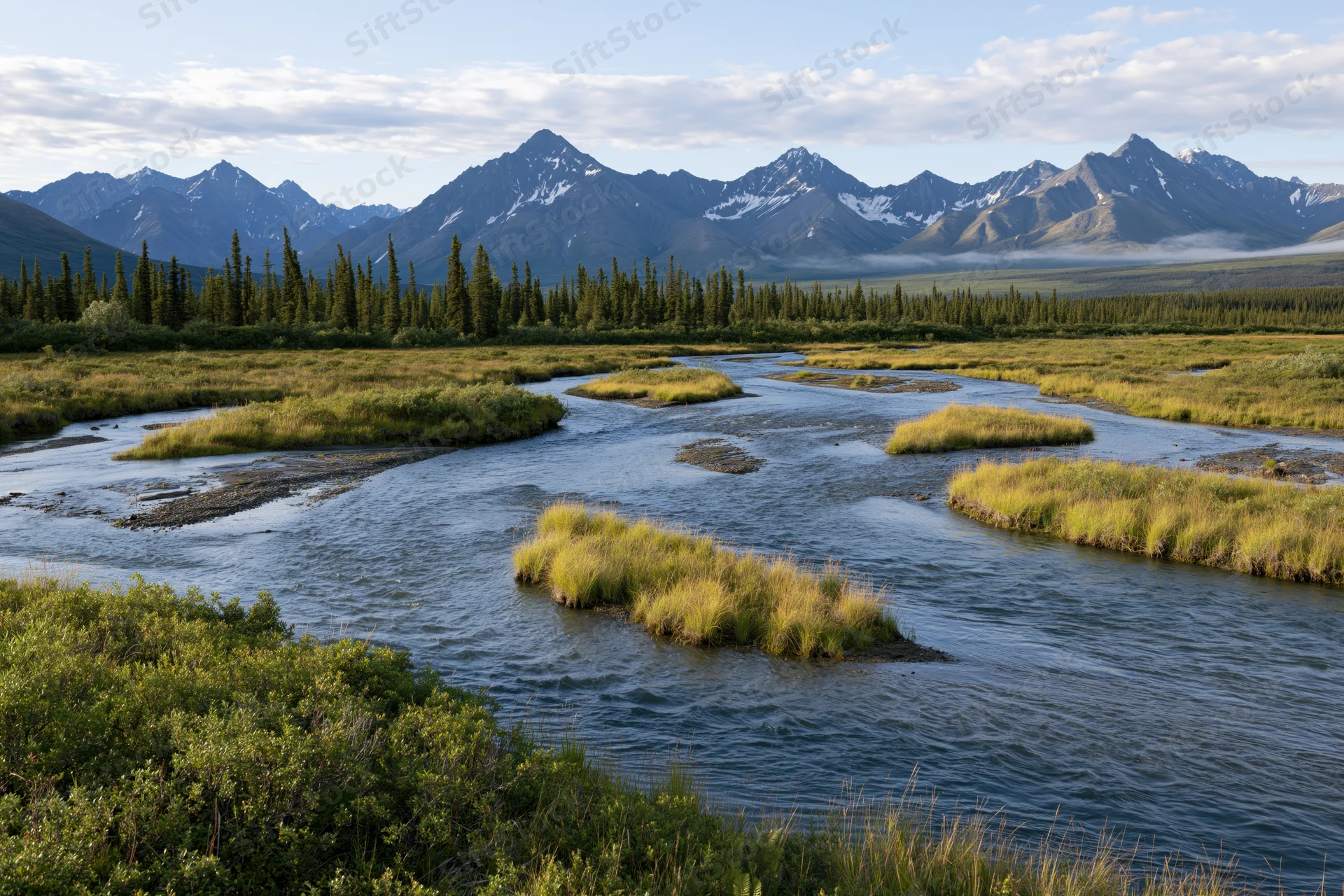Braided river winding through subarctic valley with snow-capped mountains and conifer forest in background