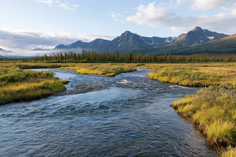 Shallow braided river winding through subarctic valley with alpine mountains in background
