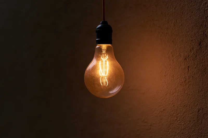 Vintage incandescent lightbulb hanging from ceiling against textured wall with warm glow