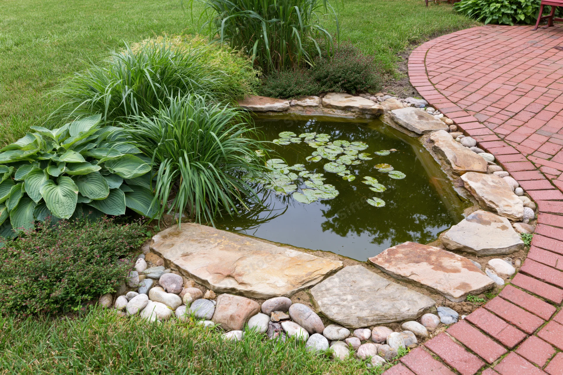 Small garden pond edged with flat sandstone slabs surrounded by green plants and a brick path