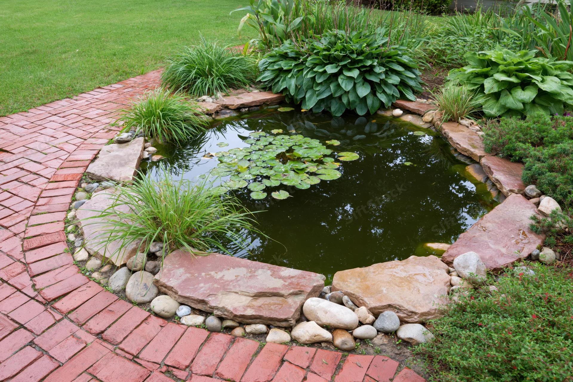 Small garden pond edged with flat sandstone slabs surrounded by green plants and a brick path