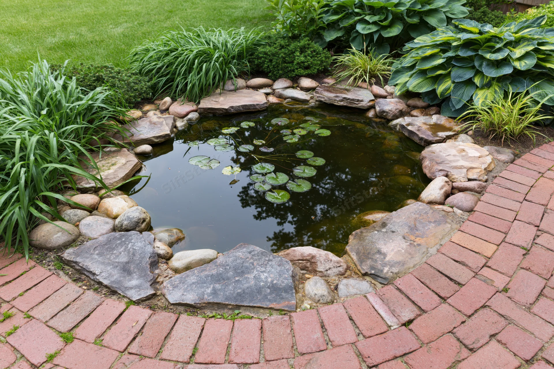 Small garden pond edged with flat sandstone slabs and surrounded by green plants and a brick pathway