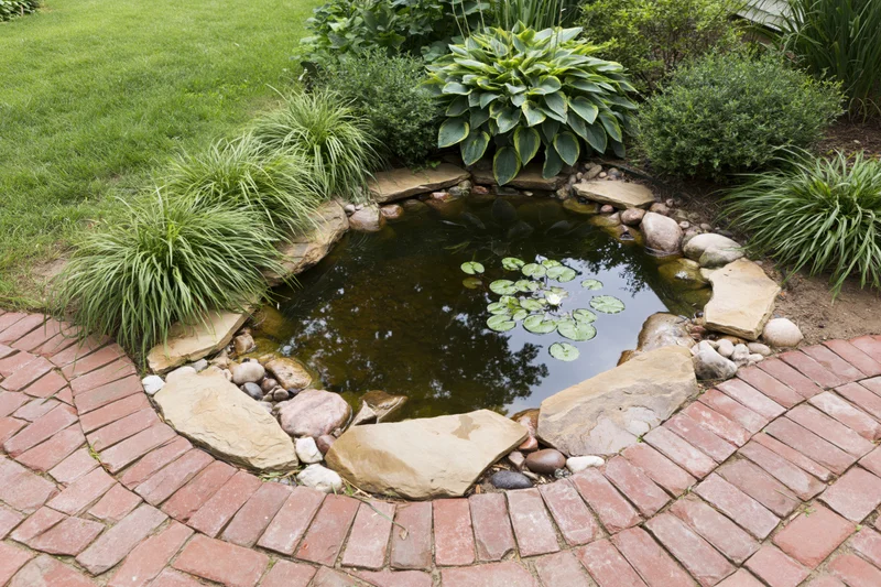 Small garden pond edged with flat sandstone slabs surrounded by green plants and a brick path