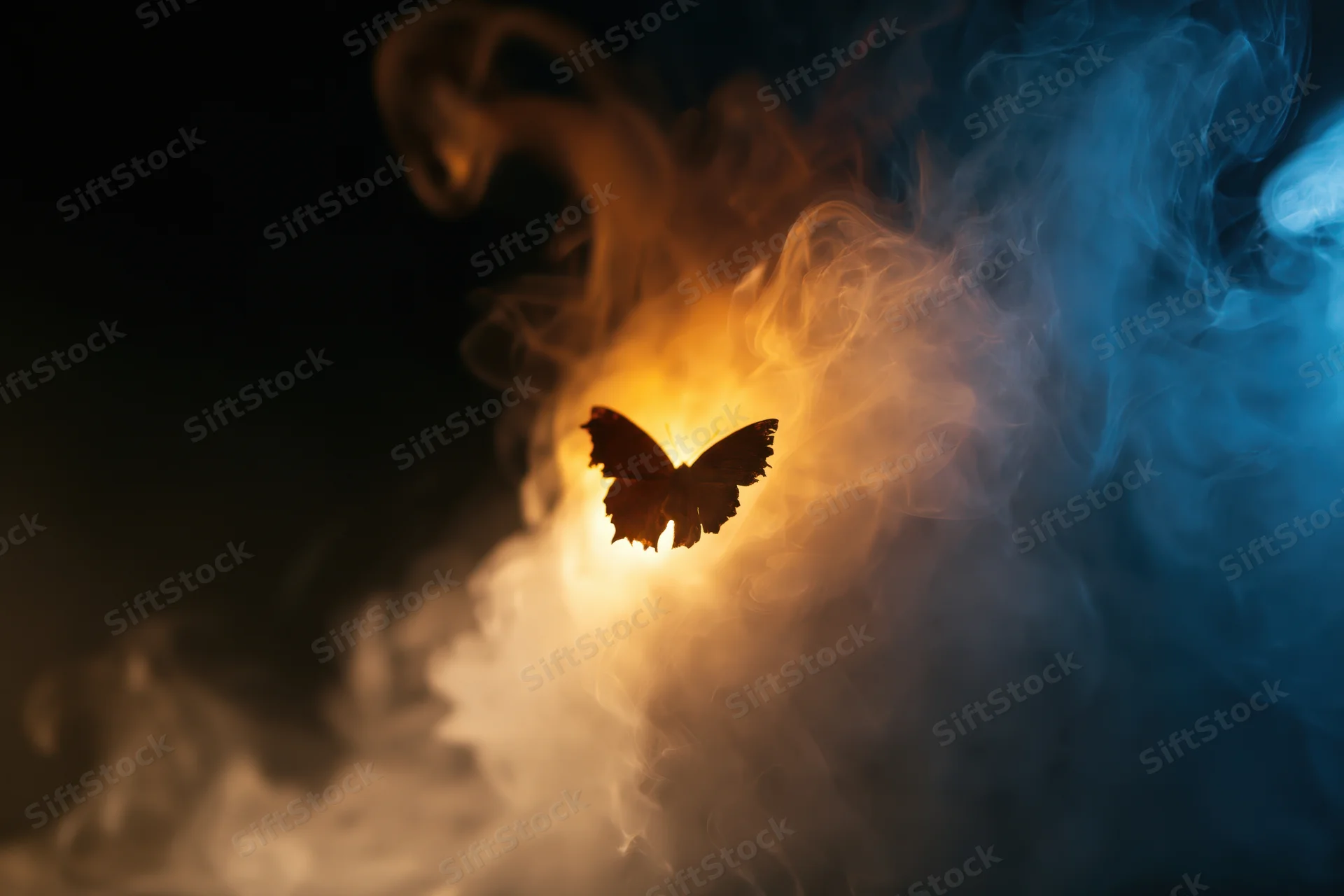 Glowing butterfly silhouette floating in swirling smoke with orange and blue light