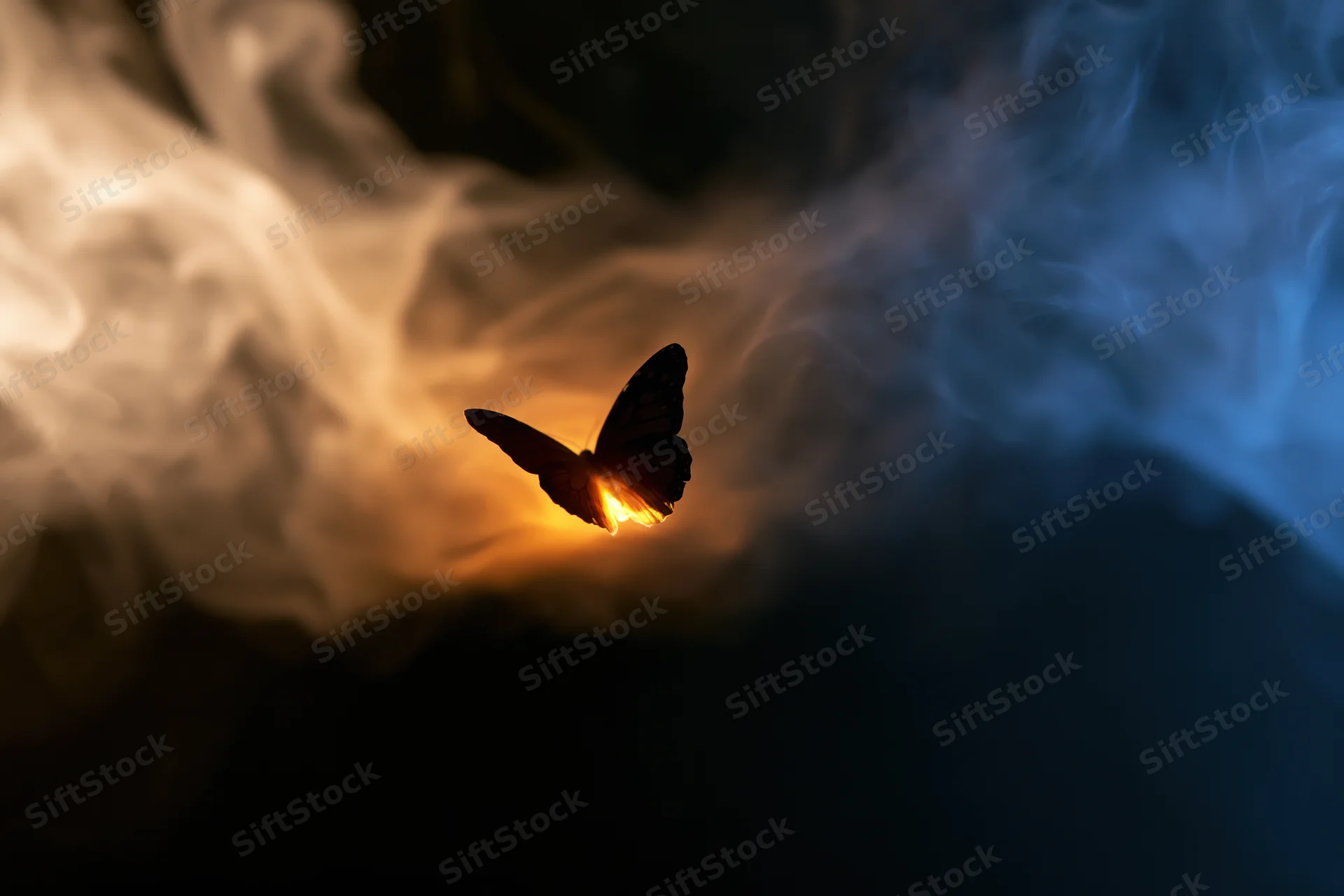 Glowing butterfly silhouette flying through swirling smoke and light