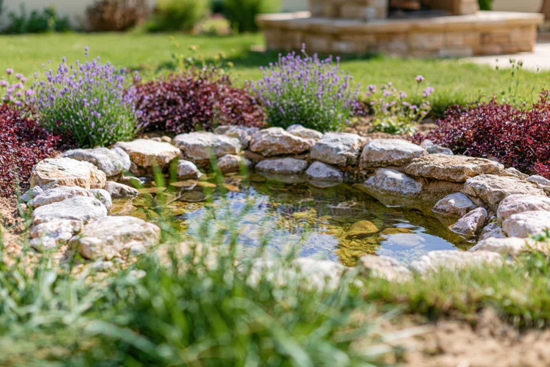 Small garden pond edged with smooth river rocks surrounded by greenery and flowering plants in a backyard setting