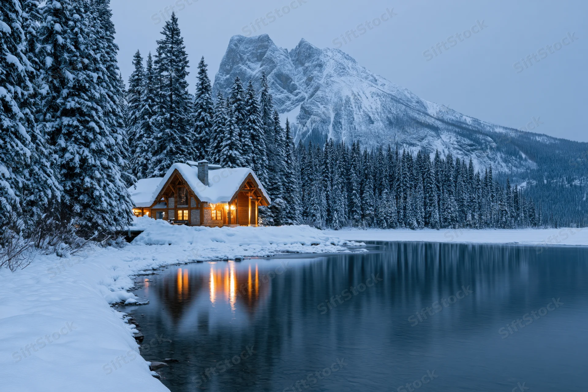 Snow-covered wooden lodge glowing with warm amber interior light beside a calm lake at twilight with snow-capped mountains and evergreen trees in the background