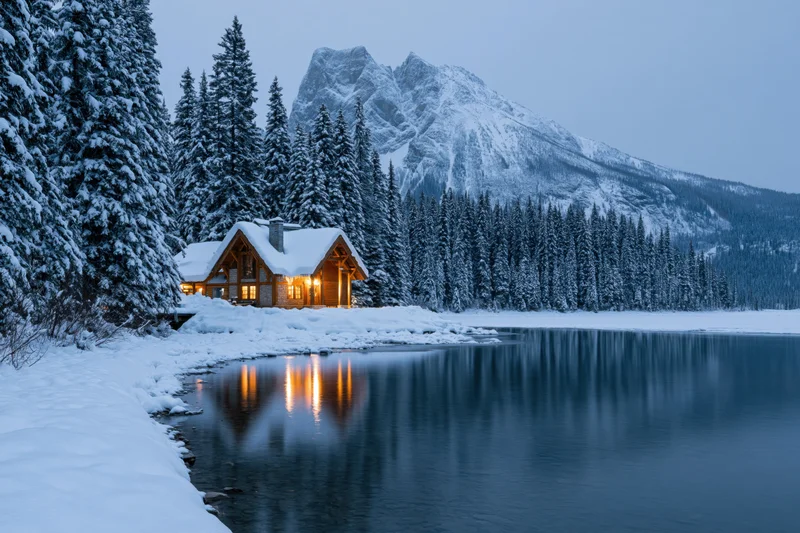 Snow-covered wooden lodge glowing with warm amber interior light beside a calm lake at twilight with snow-capped mountains and evergreen trees in the background