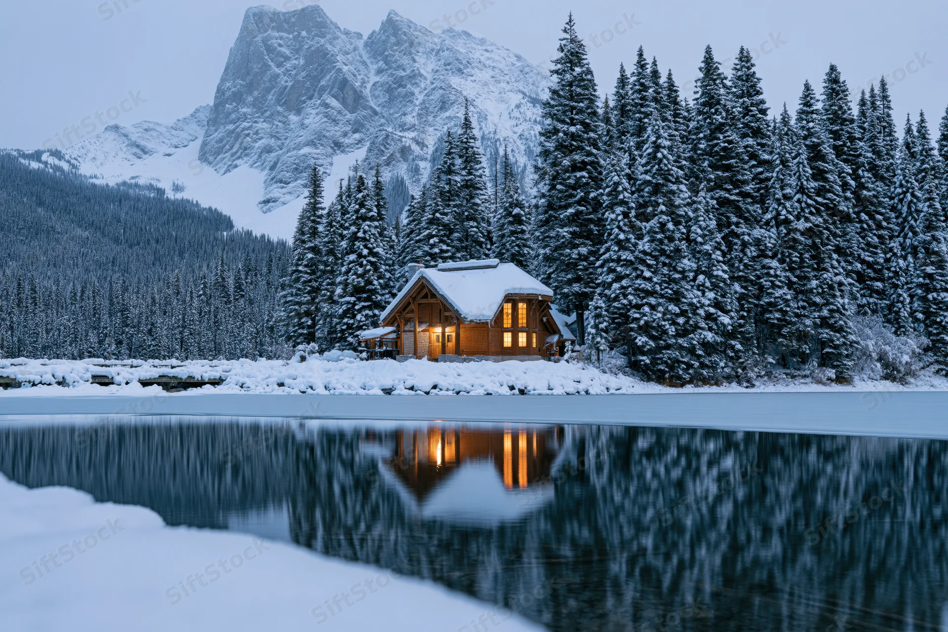 Snow-covered wooden lodge glowing with warm amber interior light by frozen lake at dusk, surrounded by pine forest and mountains