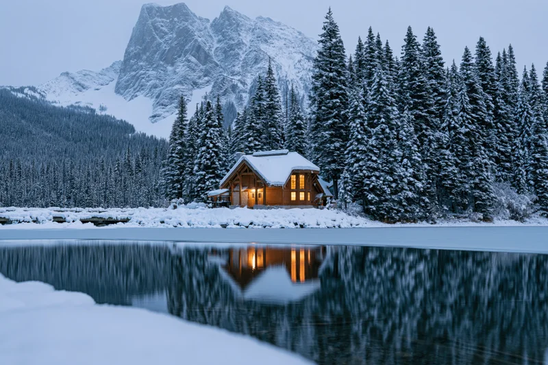 Snow-covered wooden lodge glowing with warm amber interior light by frozen lake at dusk, surrounded by pine forest and mountains