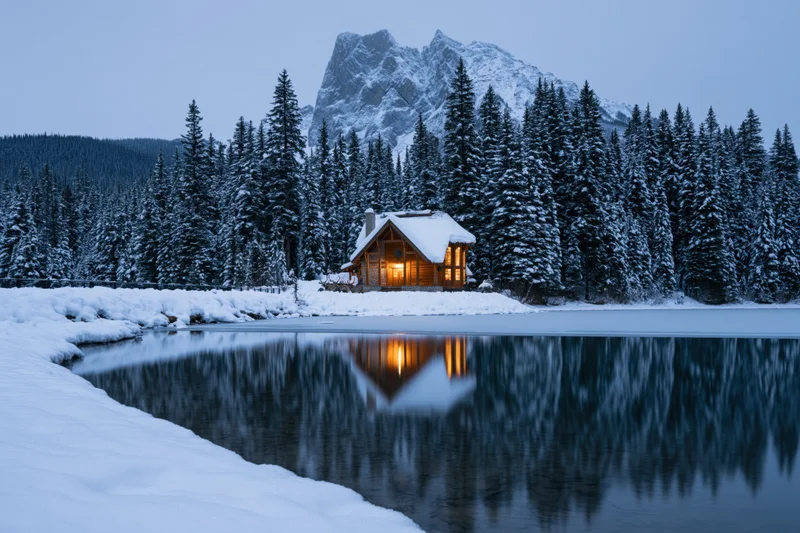 Snow-covered wooden cabin glowing with warm amber light beside frozen lake at twilight