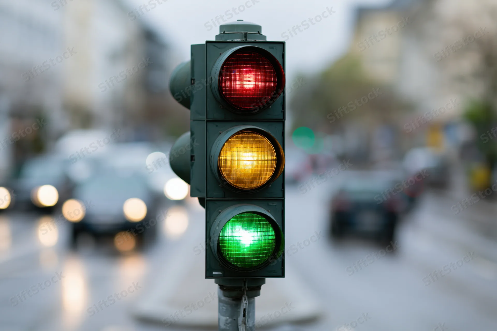 Traffic light showing green, yellow and red signals on a wet city street with blurred vehicles in motion