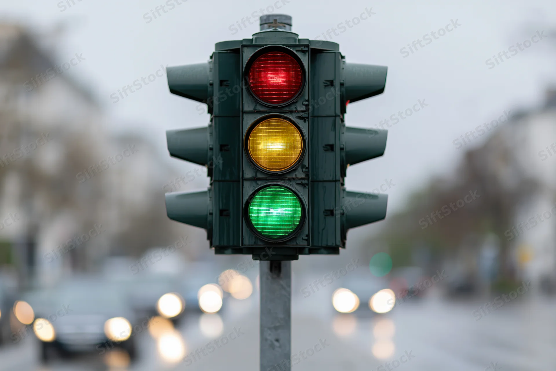Traffic light showing green at bottom and yellow in middle on city street with blurred vehicles and wet pavement