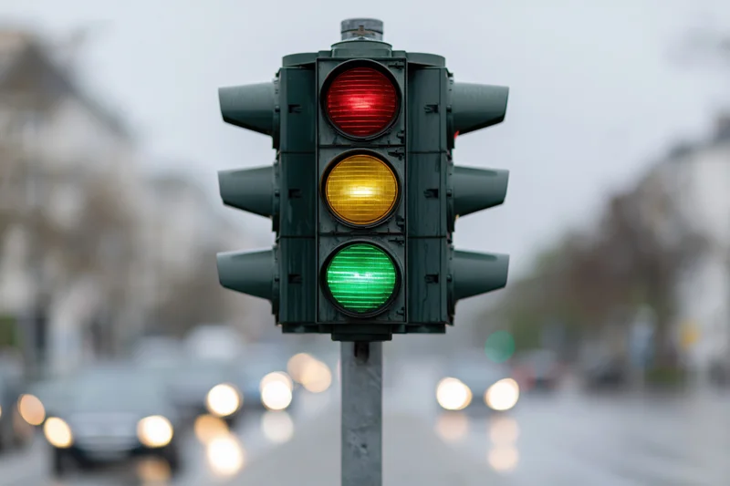 Traffic light showing green at bottom and yellow in middle on city street with blurred vehicles and wet pavement