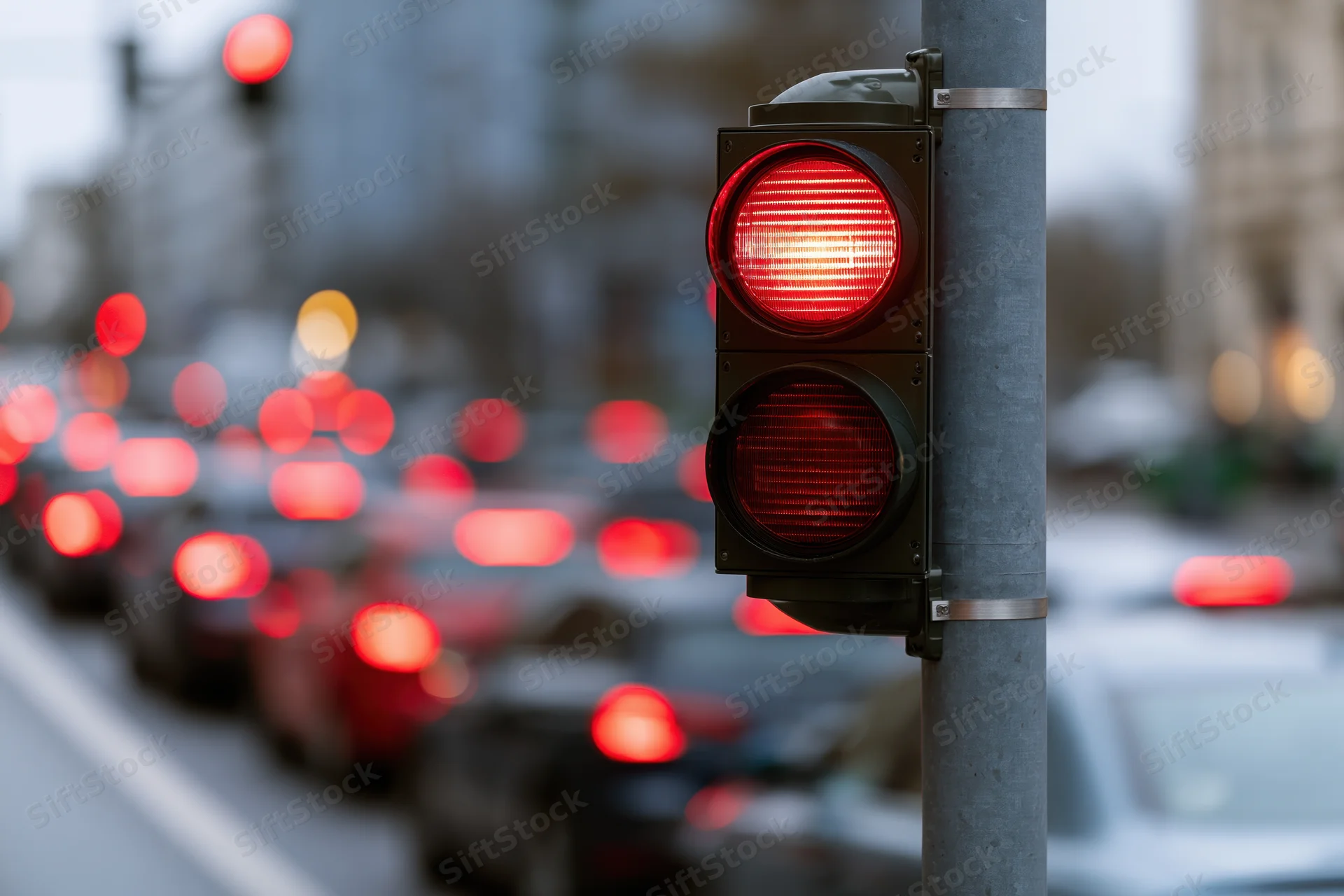 Red traffic light glowing brightly in foreground with line of cars stopped behind on city street