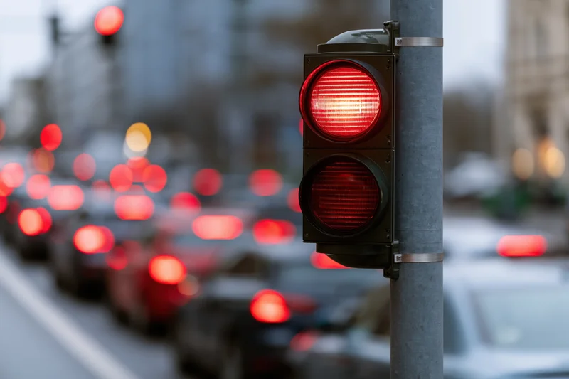 Red traffic light glowing brightly in foreground with line of cars stopped behind on city street