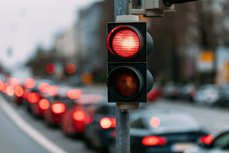 Red traffic light glowing brightly in foreground with line of cars stopped behind on city street