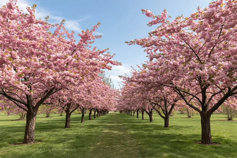 Cherry blossom trees lining a grassy park path in spring