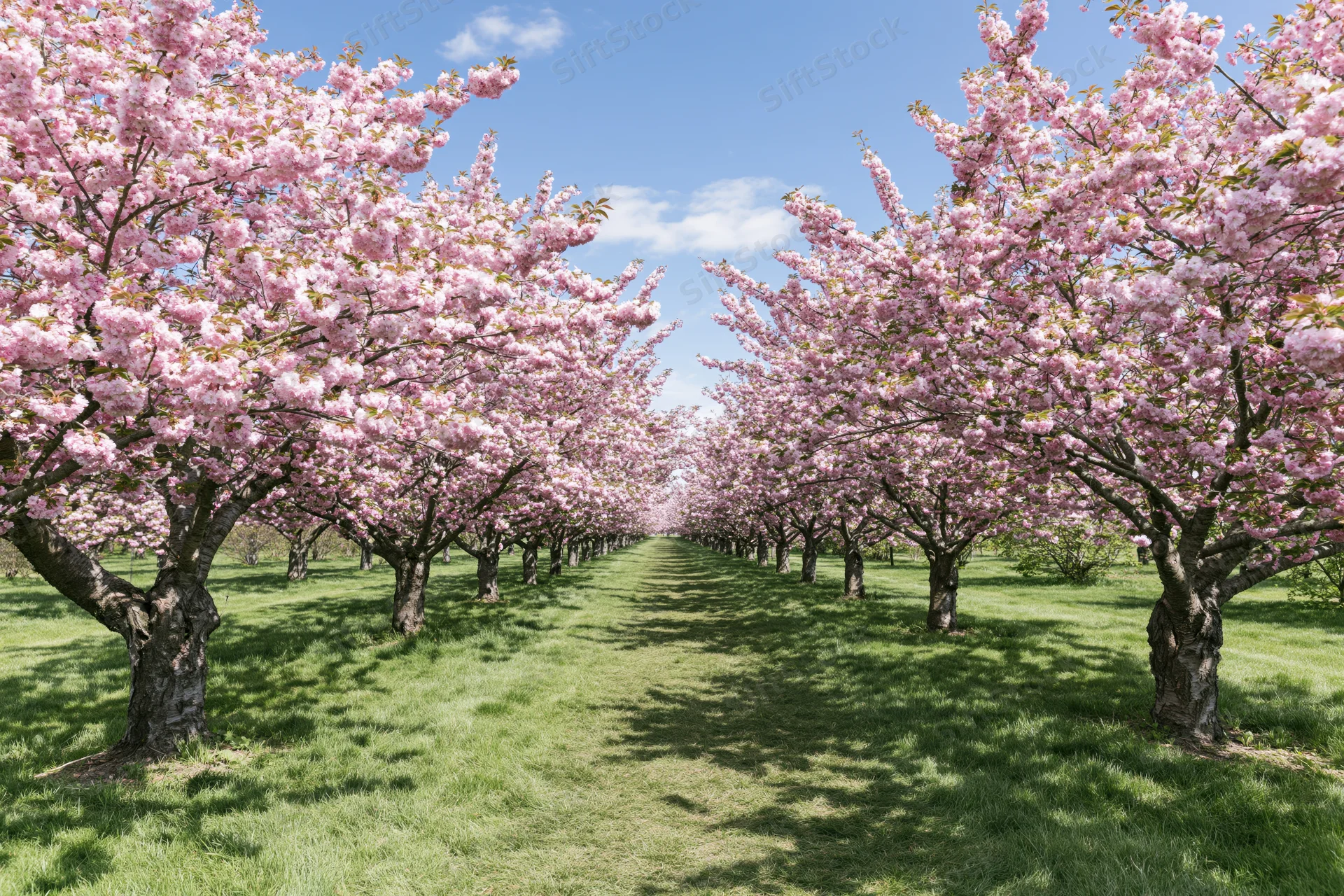 Rows of cherry blossom trees lining a grassy path in a park during spring bloom