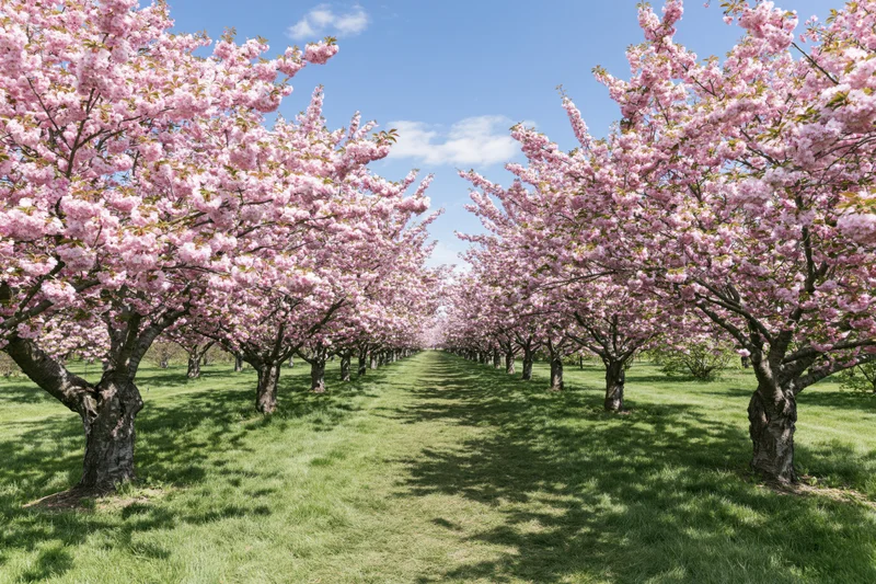 Rows of cherry blossom trees lining a grassy path in a park during spring bloom