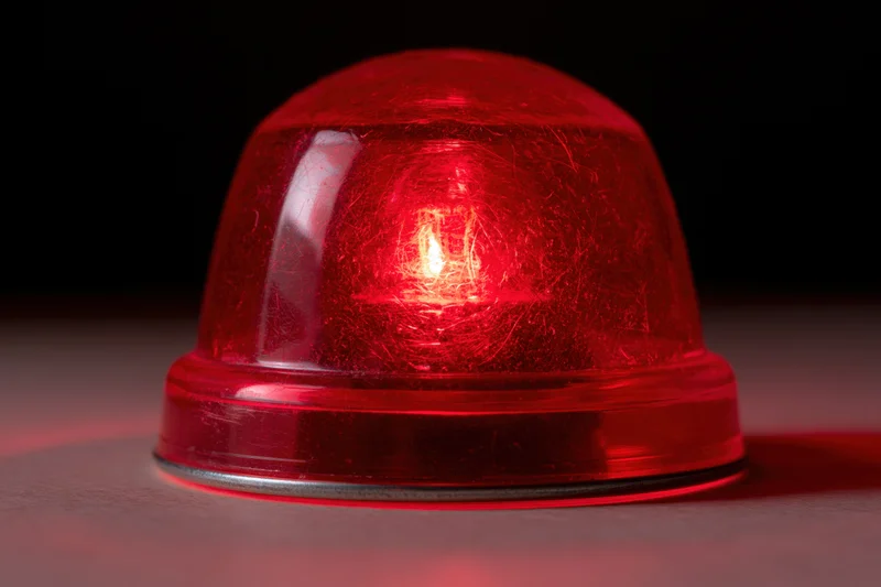 Vintage red emergency beacon light glowing intensely on dark surface