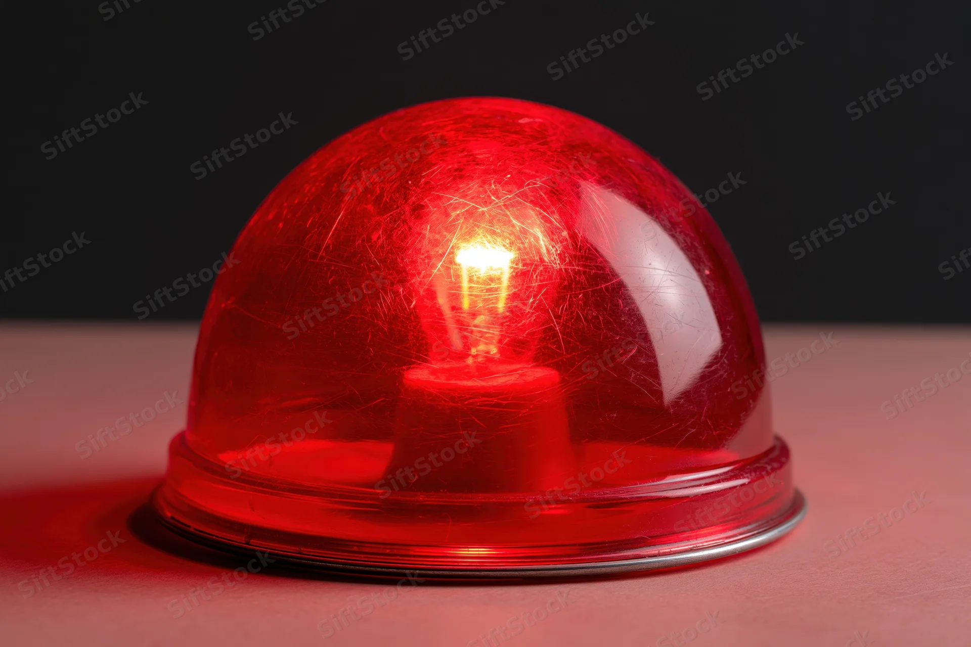 Vintage red emergency beacon light glowing intensely on a flat surface