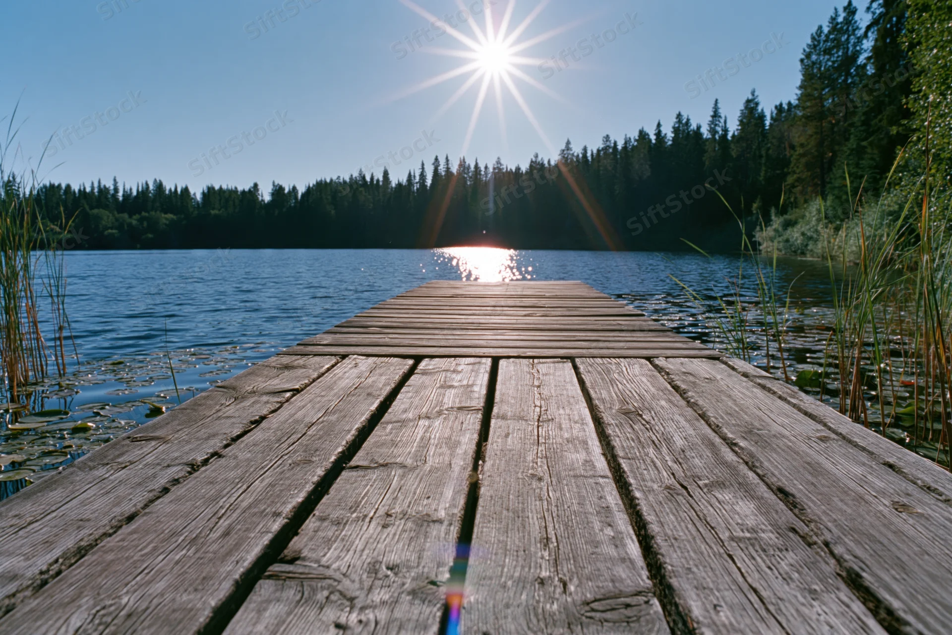 Weathered wooden dock extending into calm forest lake under bright sun