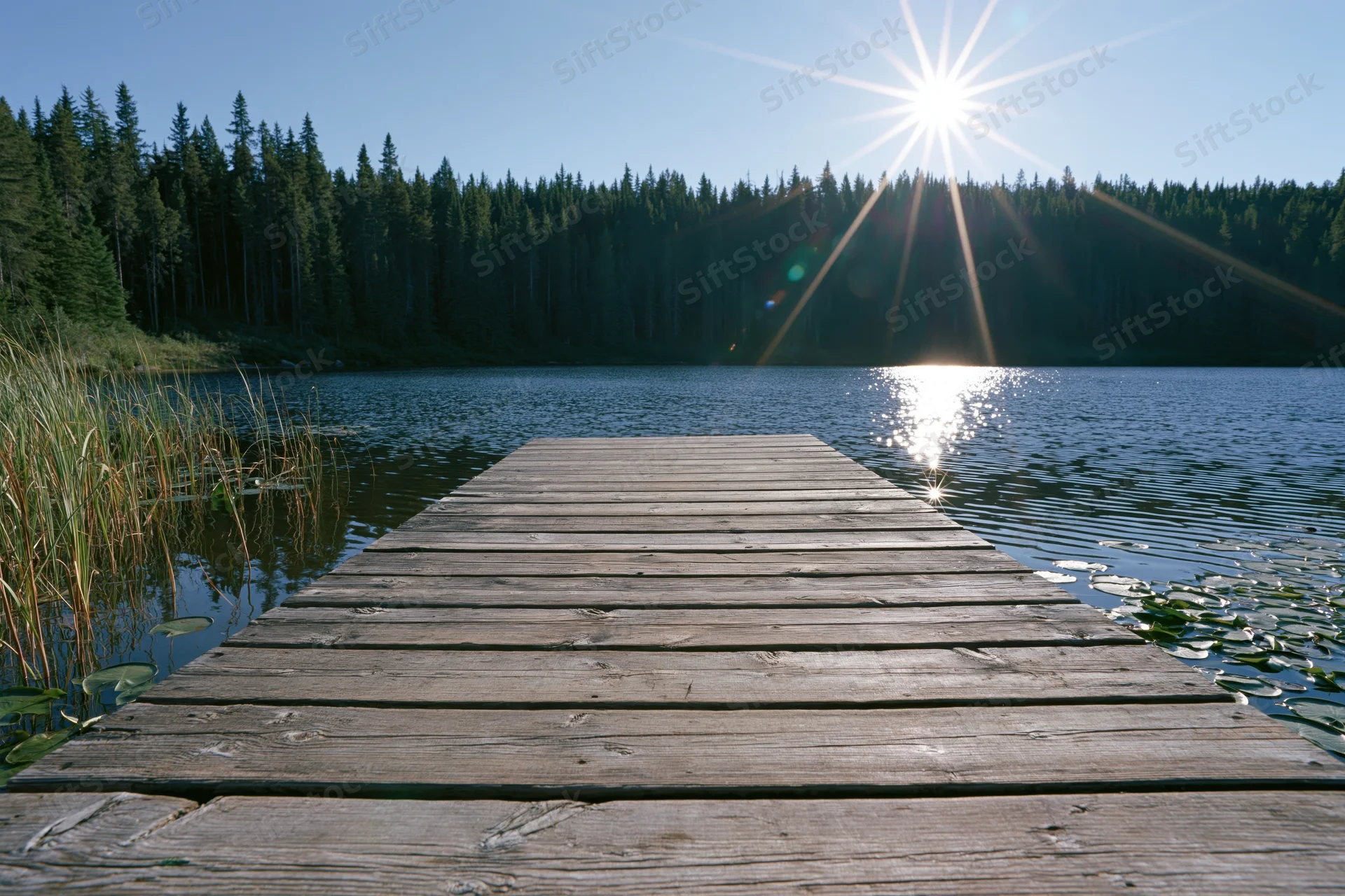 Weathered wooden dock extending into calm forest lake with sunlight reflecting on water