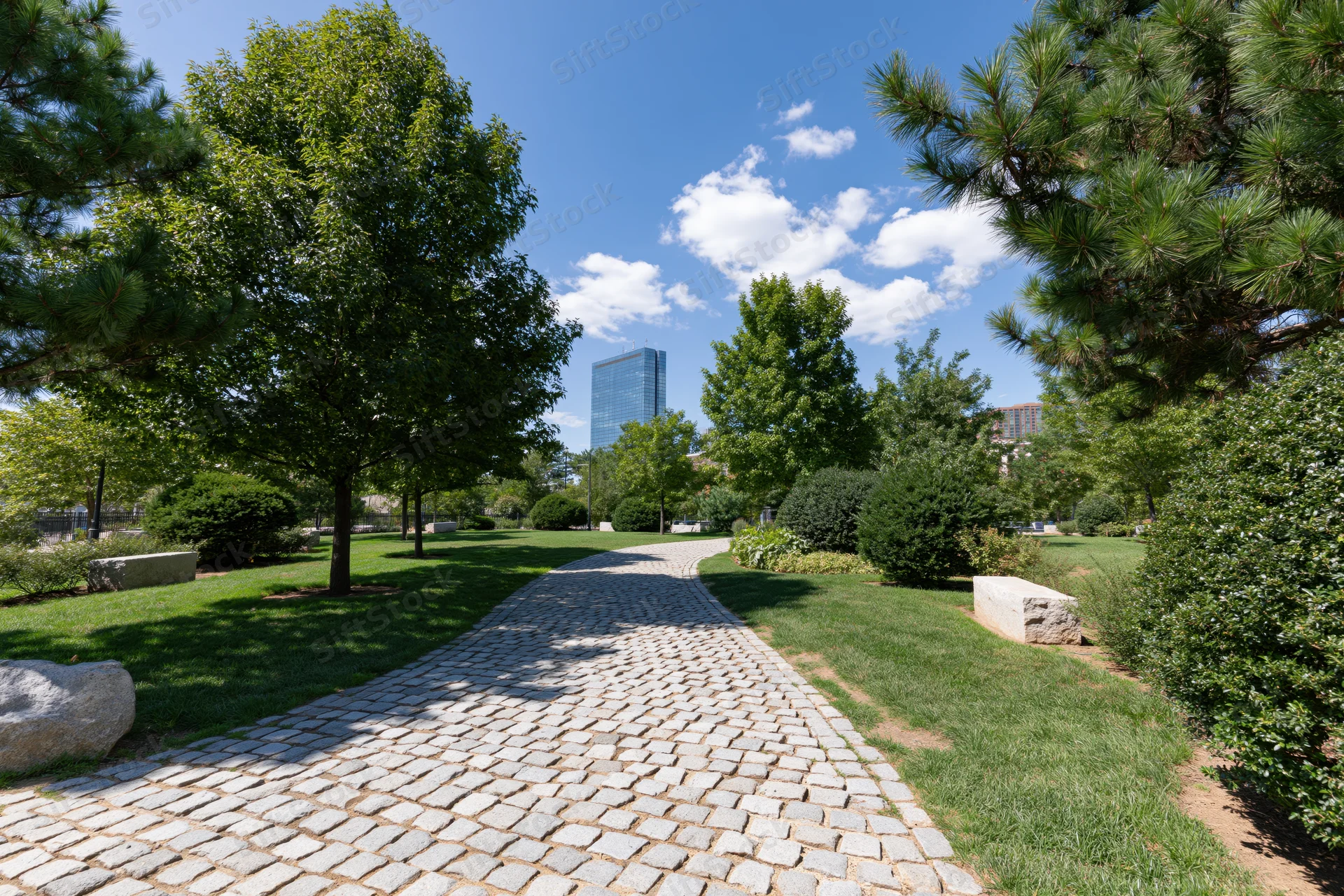 Winding cobblestone path through manicured urban park with trees and distant skyscraper under blue sky