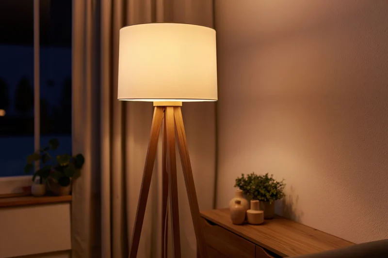 Wooden tripod floor lamp with white drum shade glowing warmly in a cozy living room interior at night