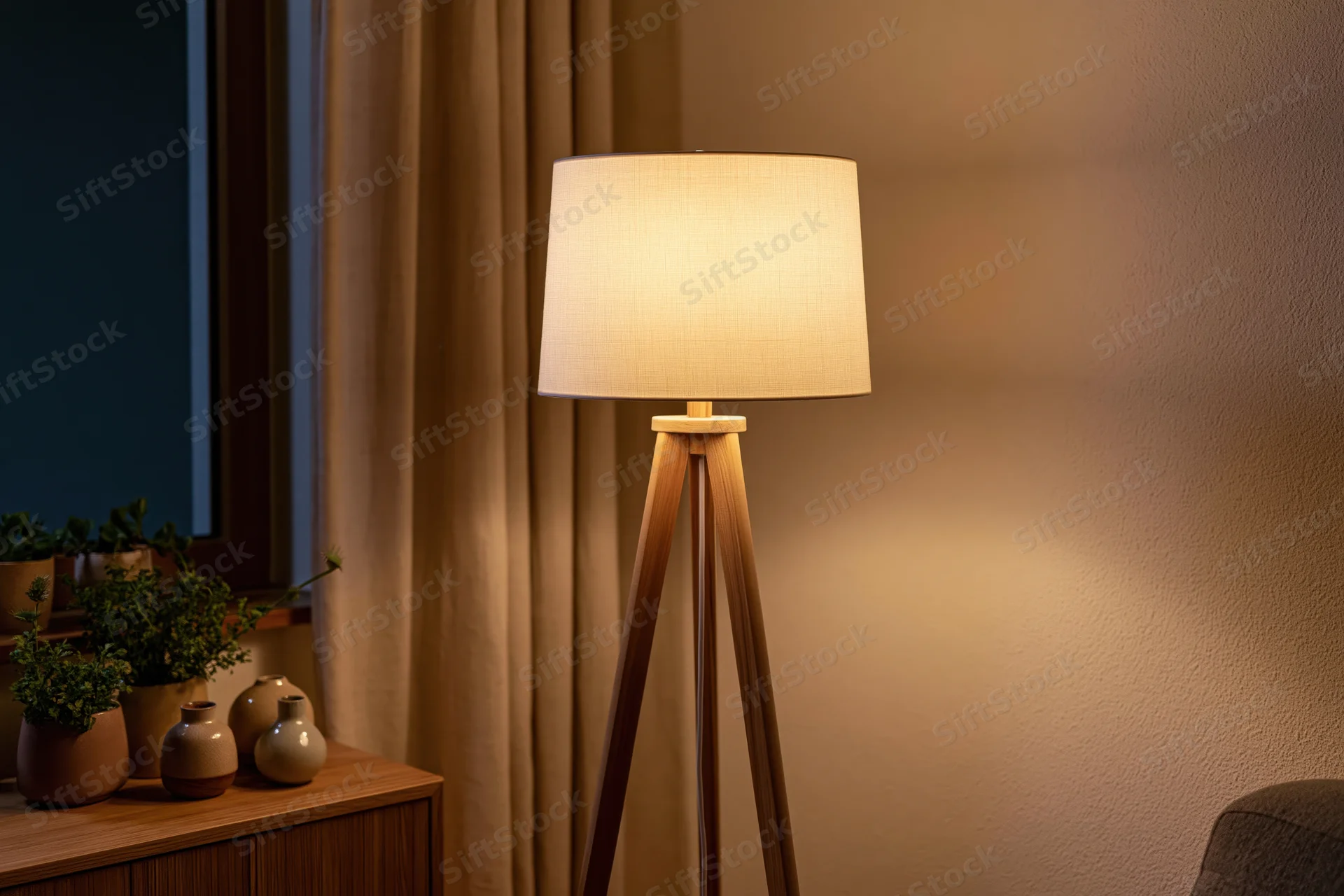 Wooden tripod floor lamp with white drum shade glowing warmly in a living room corner near a sideboard with potted plants and vases
