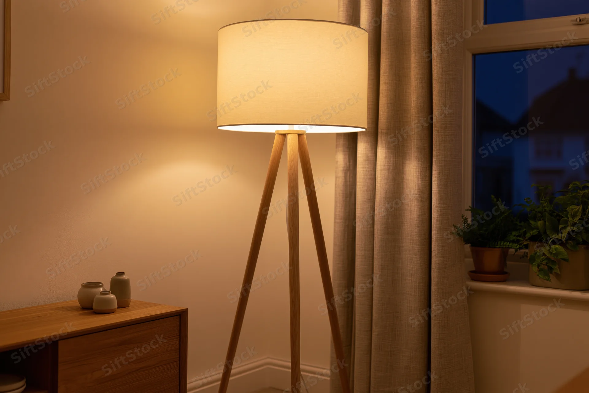 Wooden tripod floor lamp with white drum shade glowing warmly in a living room corner near a window with potted plants and a sideboard