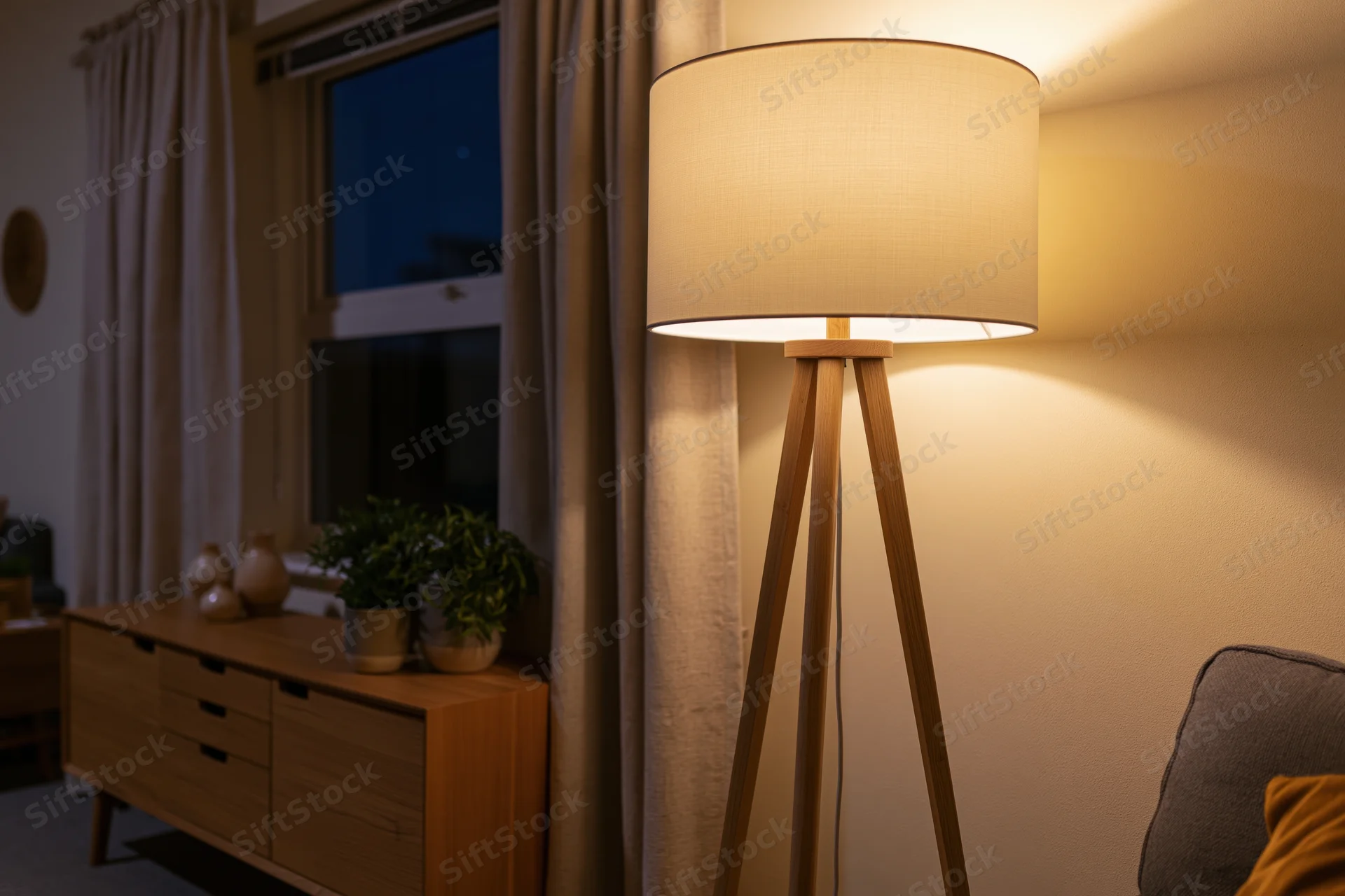 Wooden tripod floor lamp with white drum shade glowing warmly in a living room at night
