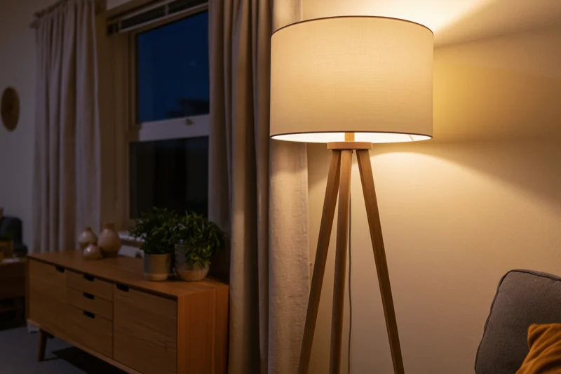 Wooden tripod floor lamp with white drum shade glowing warmly in a living room at night