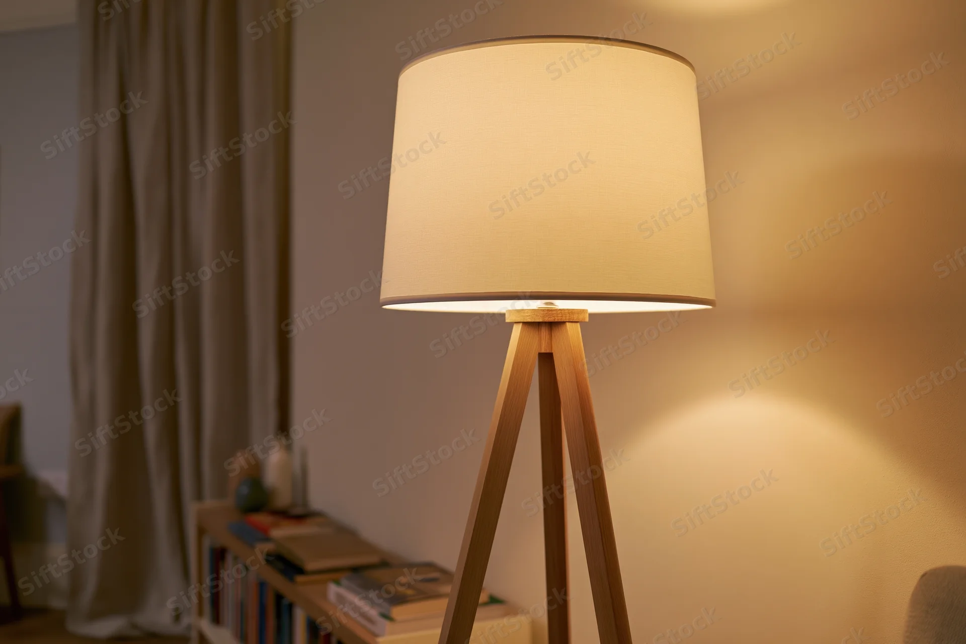 Wooden tripod floor lamp with white drum shade glowing warmly in a living room interior