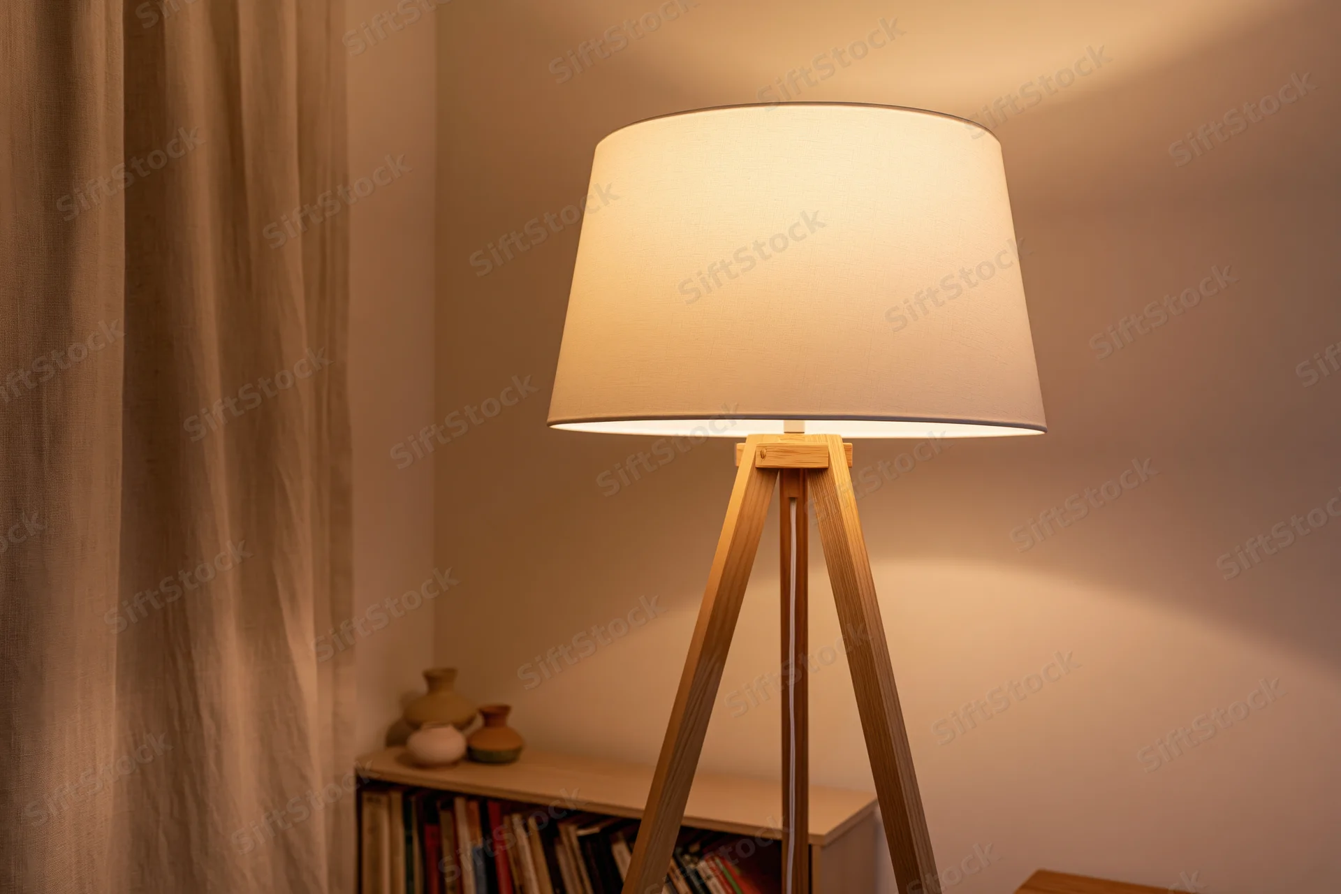 Wooden tripod floor lamp with white drum shade glowing warmly in a corner of a living room near a bookshelf and curtain