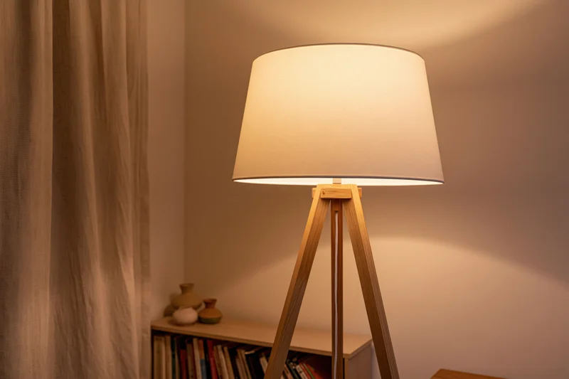 Wooden tripod floor lamp with white drum shade glowing warmly in a corner of a living room near a bookshelf and curtain