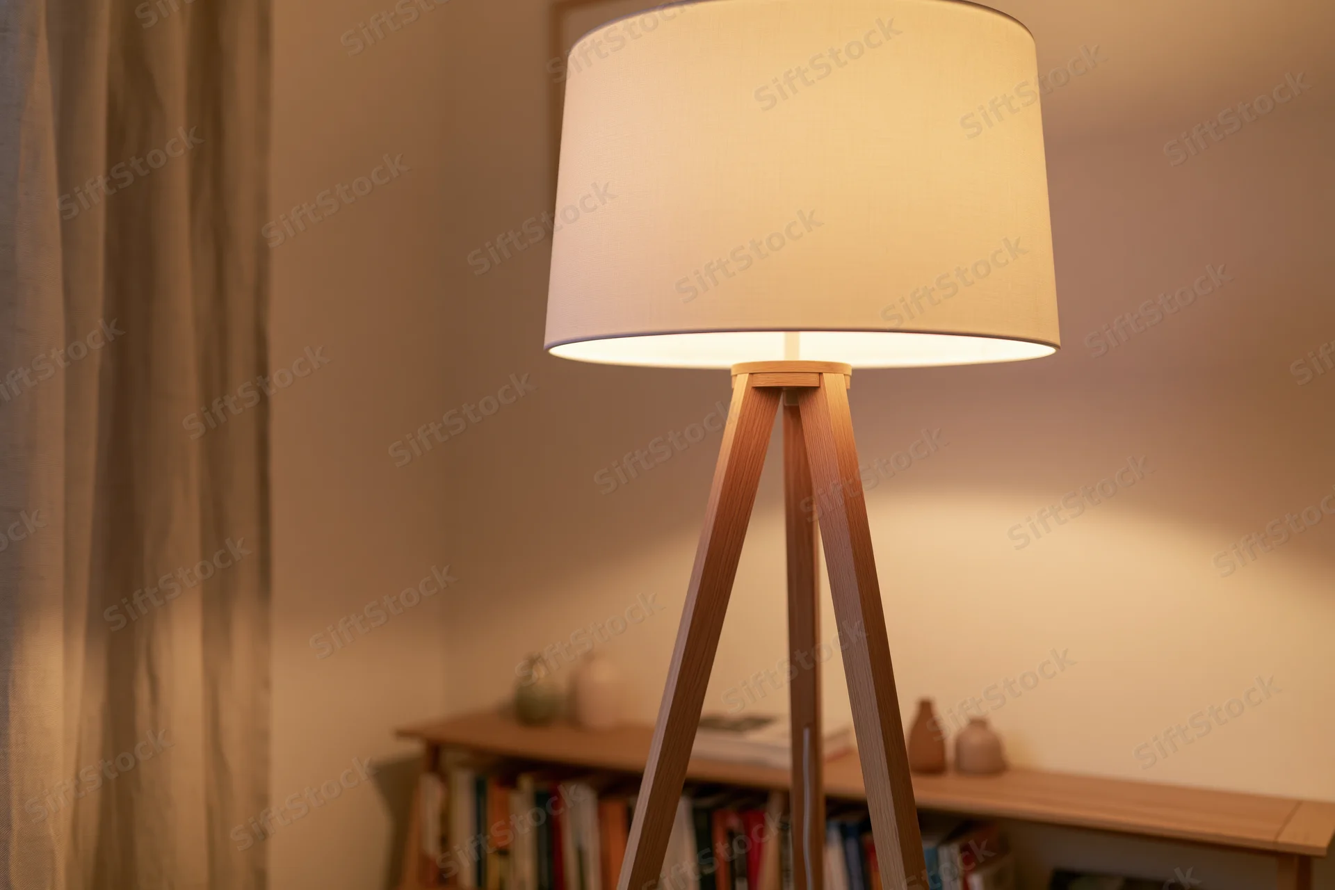 Wooden tripod floor lamp with white drum shade glowing warmly in a living room interior near a bookshelf